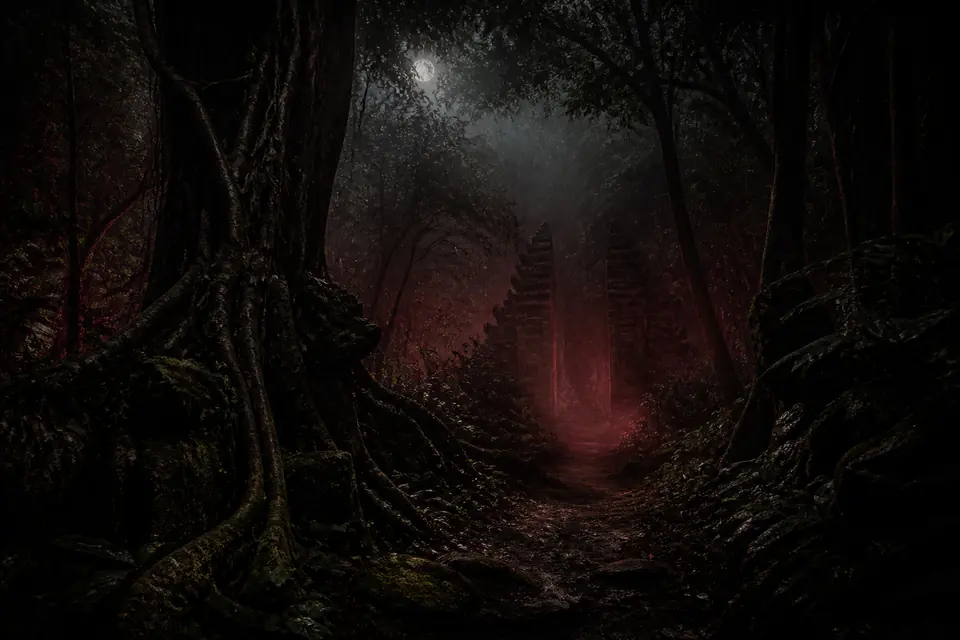 Hutan tua Alas Purwo dengan kabut merah