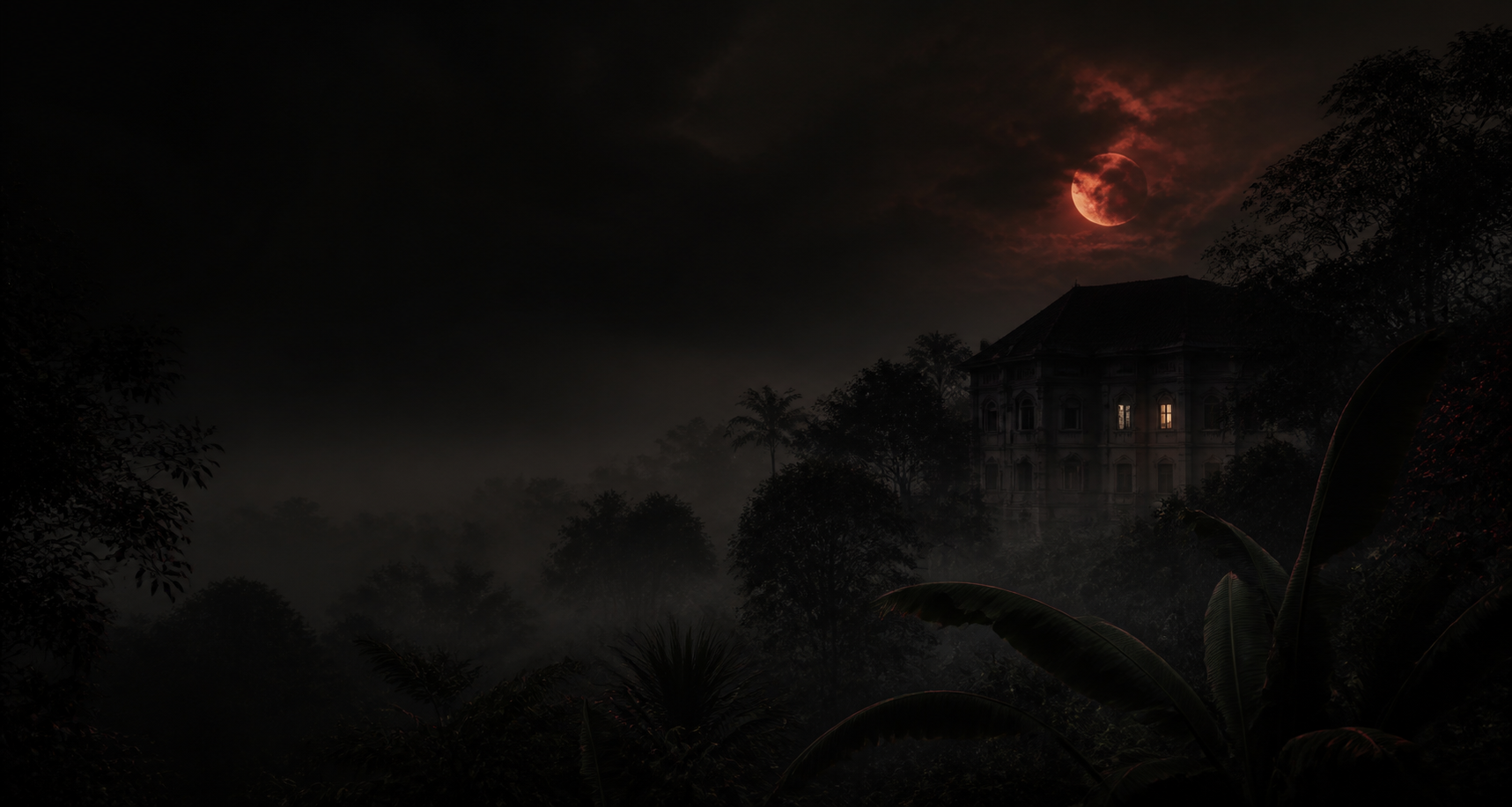 Rumah tua di tengah hutan tropis berkabut pada malam bulan merah