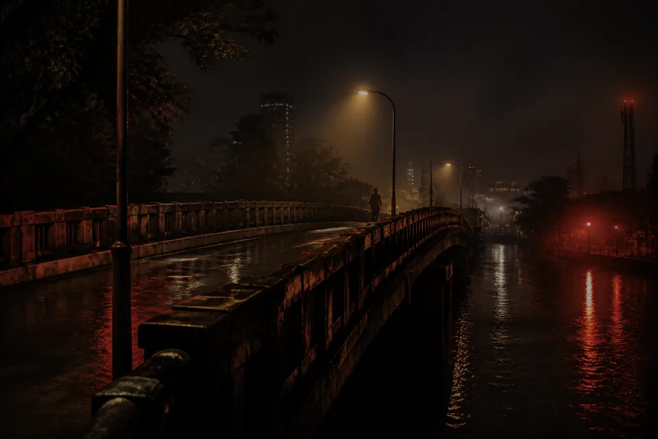 Jembatan Ancol pada malam berkabut