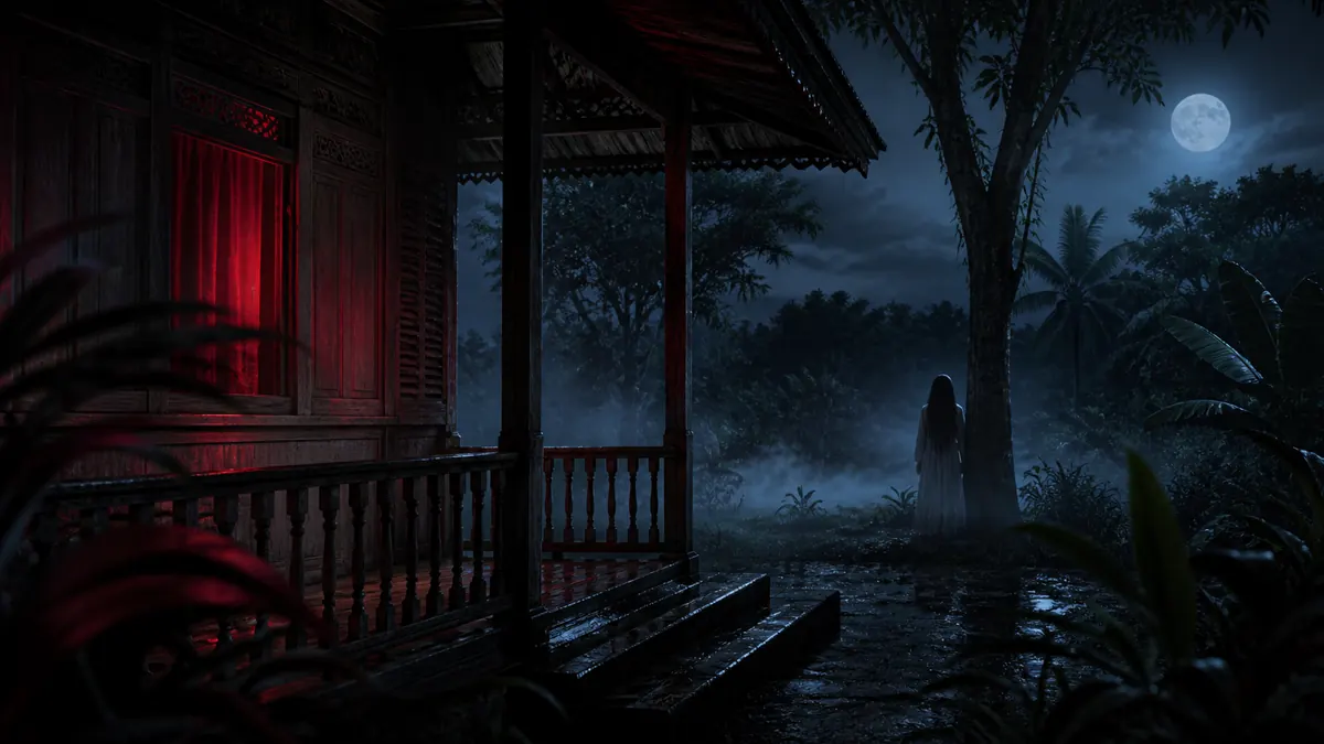 Ilustrasi Legenda Kuntilanak di rumah tradisional Indonesia pada malam hari