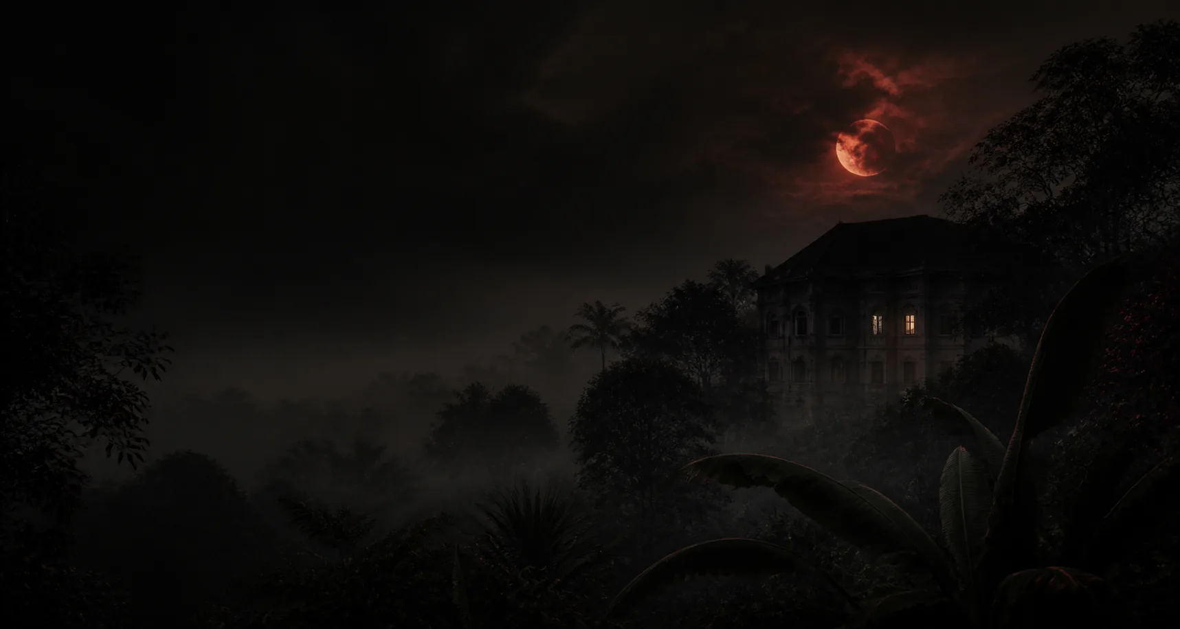 Rumah kolonial misterius di bawah bulan merah